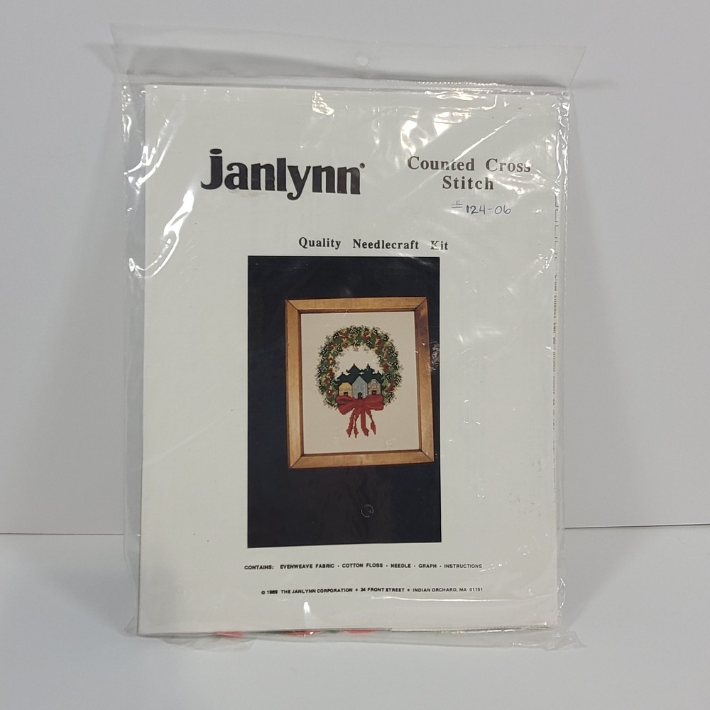 Vintage Janlynn Counted Cross Stitch Kit Holiday Christmas Wreath Village NEW